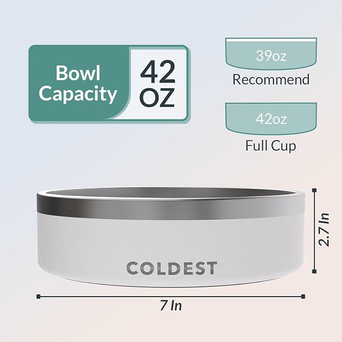 Coldest Dog Bowl - Anti Rust Metal, Non Slip, 3 Layers Insulated Stainless Steel Dog Bowls - Spill Proof & Heavy Duty - Water Bowl for Dogs, Cats & Pets, Dish Washer Safe (42 oz, Epic White)