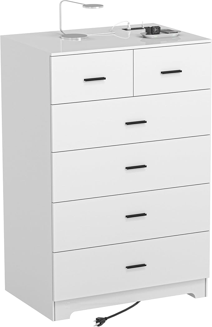 Dresser with Power Outlets Wooden 6 Drawer Dresser with Large Organizer White