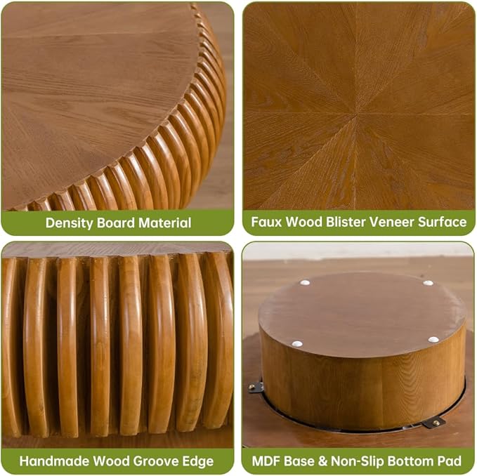 Brown Round Coffee Table for Living Room Round Fluted Drum Coffee Table Modern Fluted Coffee Tables for Living Room (Brown, 39.3 inch)