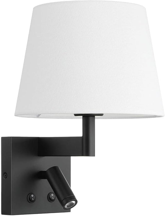 XiNBEi Lighting Hardwired Wall Sconce with LED Integrated Reading Light, Bedroom Wall Lamp with Linen Fabric Shade & On/Off Switch Modern Bedside Sconce Lighting Fixture, Matte Black XB-W468-LED-MB