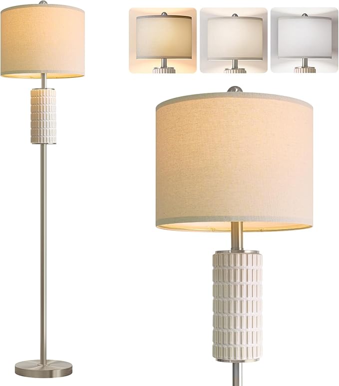 PoKat Ceramic Floor Lamps with Remote, 64" Modern Floor Lamps for Living Room with Stepless Dimmable Colors Temperature, Tall Standing Lamp for Living Room Bedroom Office, 9W Bulb Included, Silver