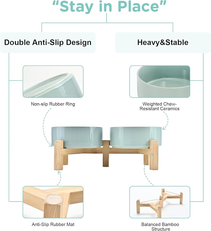 SPUNKYJUNKY Elevated Dog Bowls Ceramic, 5.1'' Dogs and Cat Food Water Bowls Raised with Non-Slip Bamboo Stand for Puppy Small Sized Breed Microwave Dishwasher Safe - 13.5 OZ,Light Green