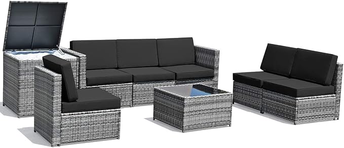 HAPPYGRILL 8-Pieces Patio Furniture Set Outdoor Rattan Conversation Set with Storage Box Sectional Wicker Sofa Set with Coffee Table and Cushions for Garden Backyard