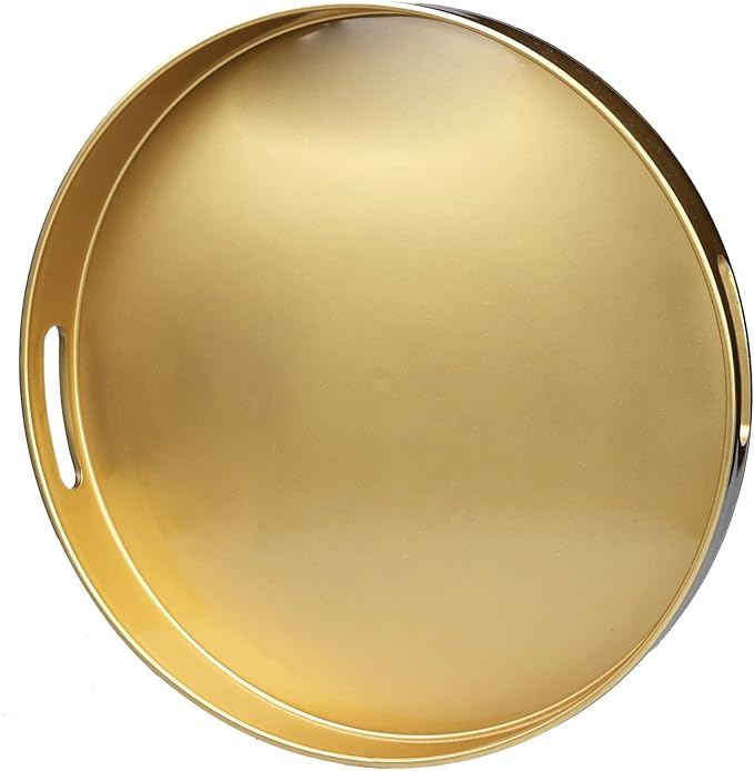Gold Round Decorative Tray with Handles, 13" Elegant Coffee Table Serving Tray for Ottoman Living Room, Bathroom, Outdoors, Breakfast
