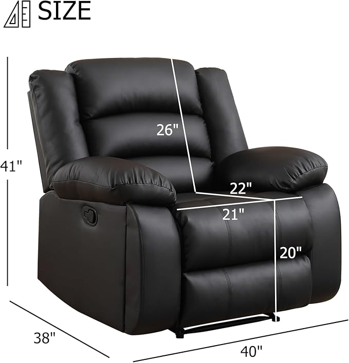 EBELLO Faux Leather Manual Recliner Chair, Single Reclining Sofa Chair Couch with 2 Concealed Cup Holders, Overstuffed Armrest Backrest for Living Room, Bedroom, Meeting Room, Black