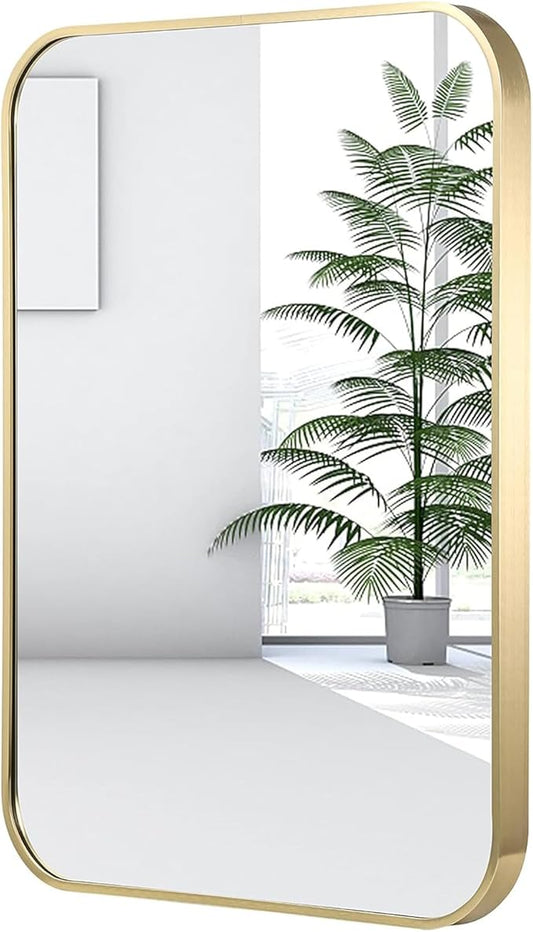 22x30 Inch Gold Bathroom Mirror, Brushed Gold Metal Framed Rectangular Mirror