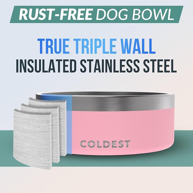 Coldest Dog Bowl - Anti Rust Metal, Non Slip, 3 Layers Insulated Stainless Steel Dog Bowls - Spill Proof & Heavy Duty - Water Bowl for Dogs, Cats & Pets, Dish Washer Safe (64 oz,Cotton Candy Pink)