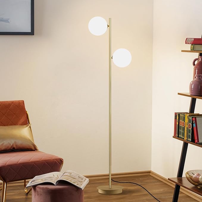 2 Light Mid Century Modern Floor Lamp for Living Room Retro Vintage Tall Standing Lamp with Frosted Glass Globe Shade Brass Floor Lamps for Office Hotel Bedroom