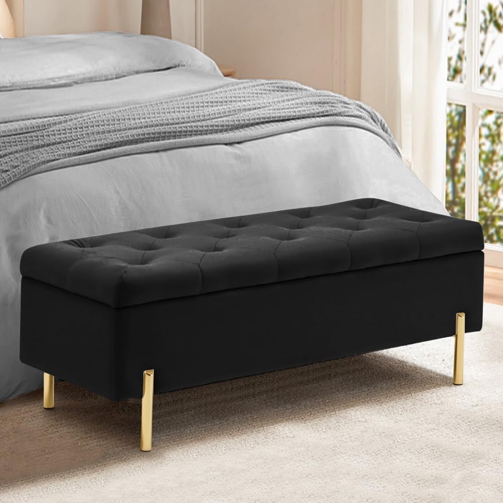 45.6 Inch Velvet Storage Ottoman, Rectangular Accent Bench for Bedroom & Living Room, Black