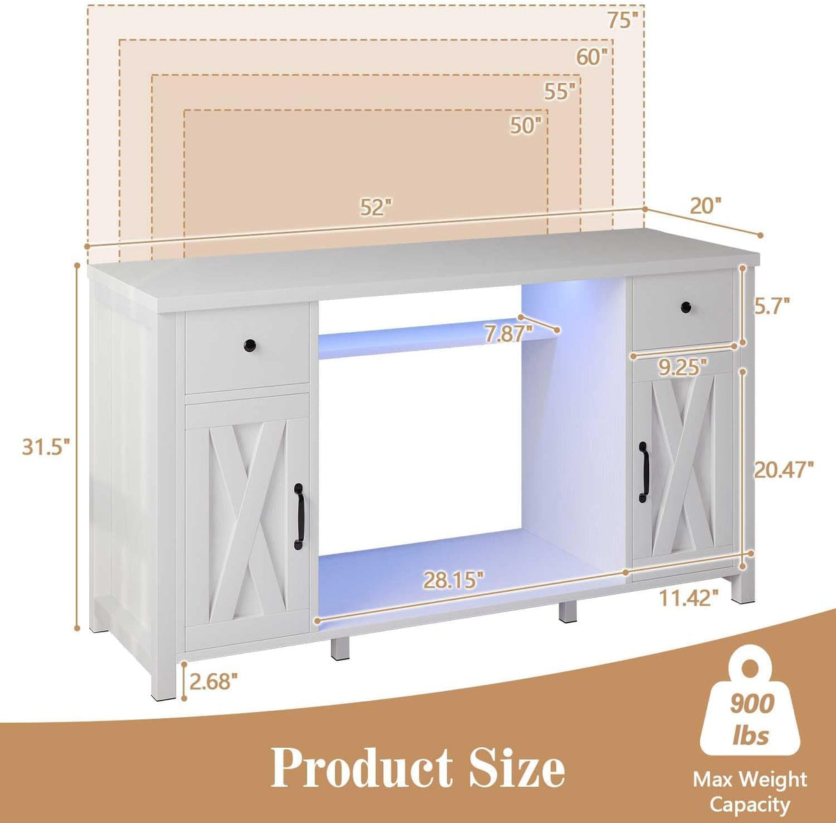 75 Gallon Fish Tank Stand with LED Light & Power Outlets, 55-75 Gallon Aquarium Stand with 2 Drawers & 2 Barn Doors, 52" L x 20" W Cabinet for 2 Fish Tank Accessories Storage, Turtle Tank, White