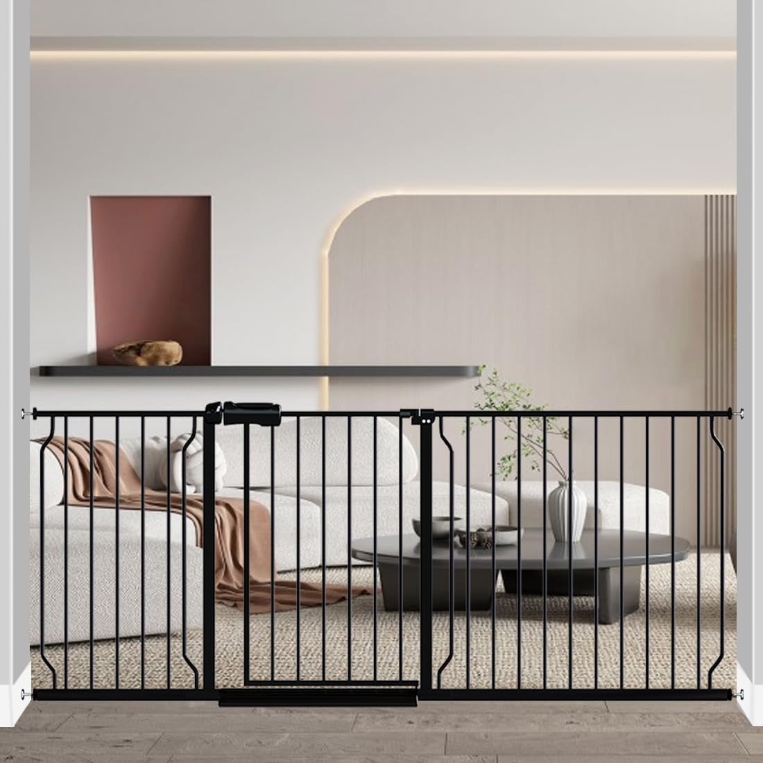 Fairy Baby Extra Wide Baby Gate 71.6-76.3 Inch Wide, Walk Through Pressure Mounted No Drill, Long and Large Tension Gate for Pet and Kids, Black