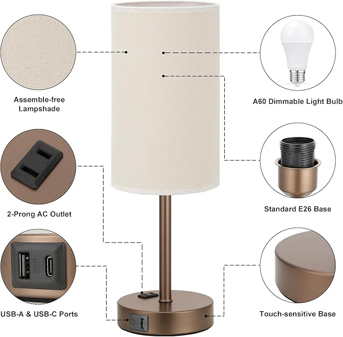 Fenmzee Touch Table Lamp - Beige, 3-Way Dimmable, USB A + C Charging, AC Outlet, 17.4inch Medium, Brown Metal Base