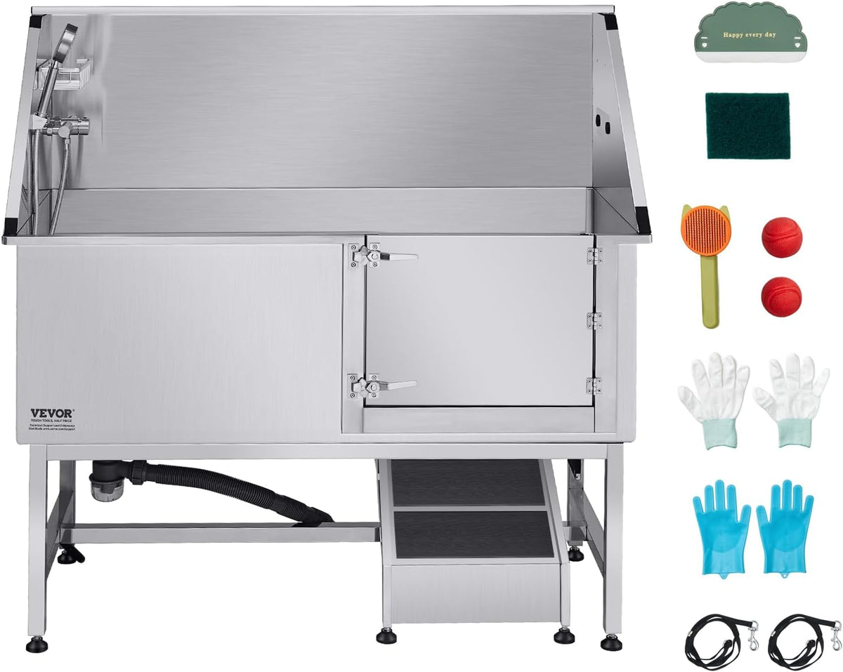 VEVOR Stainless Steel Dog Washing Station, Professional 62 inch Pet Grooming Tub w/Ramp, PE Water Filter Board, Faucet & Showerhead & Soap Holder Bathtub for Large & Medium & Small Pets (Right Door)