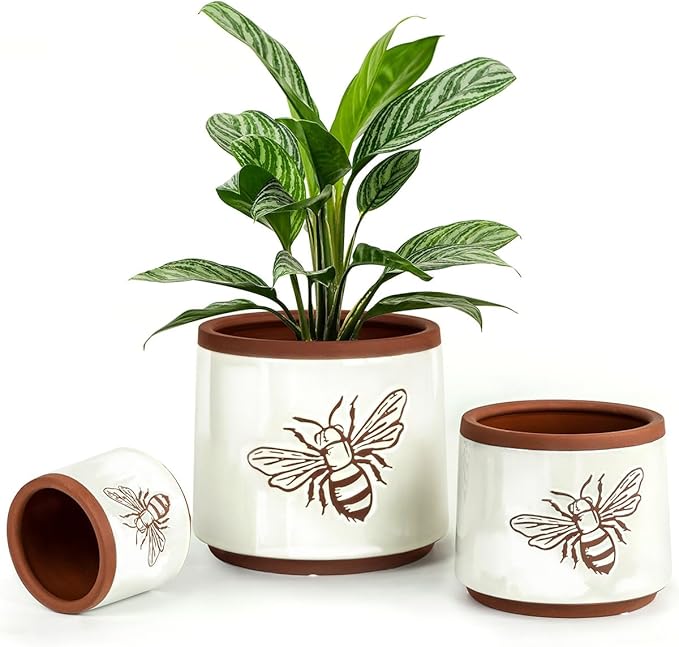 YBX Terracotta Pots Inch with Drainage Holes, Bee Decor, Ceramic Pots for Indoor Plants Flower Pots Outdoor, Succulent, Herbs, Snake Plants (White, 8+6+4 Inch)