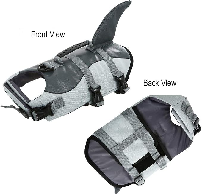 Dog Life Jacket Ripstop Dog Safety Vest Adjustable Preserver with High Buoyancy and Durable Rescue Handle for Small,Medium,Large Dogs, Grey Shark Medium