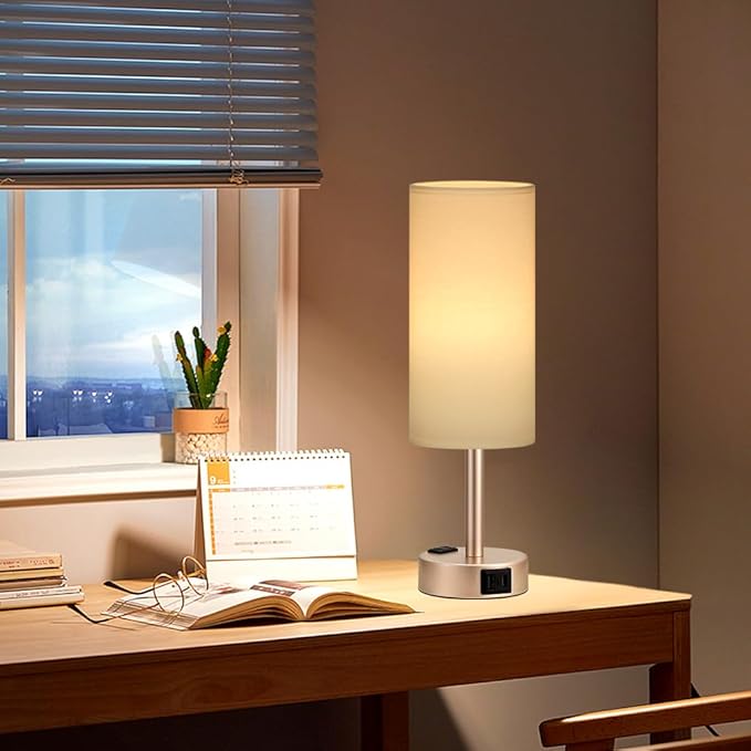 Antique White Bedside Table Lamp for Bedroom - 3 Way Dimmable Touch Lamp USB C Charging Ports and AC Outlet, Small Lamp Gold Base Round Flaxen Fabric Shade for Living Room, Desk, LED Bulb Included