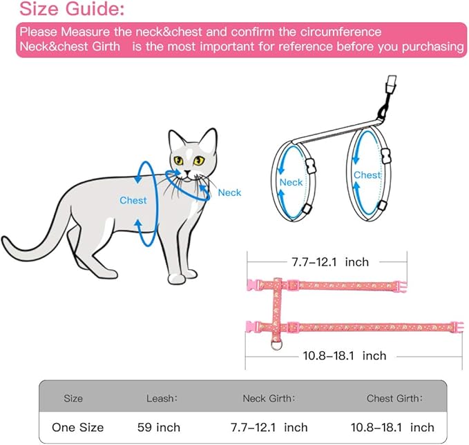 Cat Harness and Leash Set Gold Moons Stars Soft Nylon Escape Proof Adjustable for Kittens Small Animals Glow in The Dark (Pink)