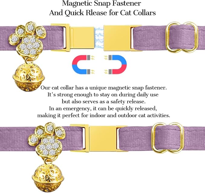 Personalized Breakaway Cat Collars - Magnetic Buckle, Bell - Safety Quick Release, Customized for Girls & Boys Cats- (Velvet-Deep Purple)