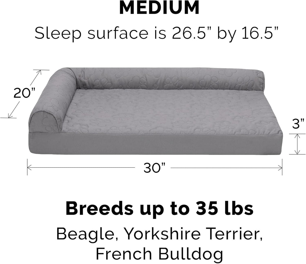 Furhaven Cooling Gel Dog Bed for Medium/Small Dogs w/ Removable Bolsters & Washable Cover, For Dogs Up to 35 lbs - Pinsonic Quilted Paw L Shaped Chaise - Titanium, Medium