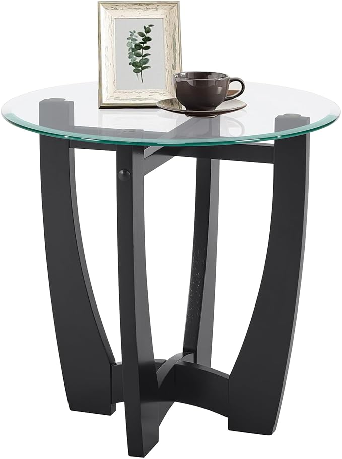 LKTART Glass End Table, 23.5" Round Side Tables with Tempered Glass Top Cross and Solid Wood Base Small Night Stand for Living Room Office Apartment Black