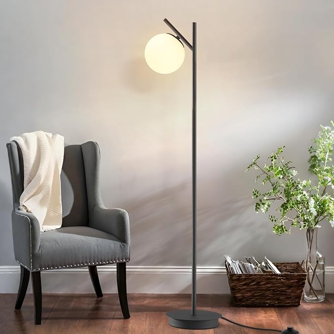 Modern Floor Lamp for Living Room Retro Vintage Tall Standing Lamp Mid Century Black Freestanding Lamp Contemporary Glass Floor Lamps for Bedroom Office Hotel