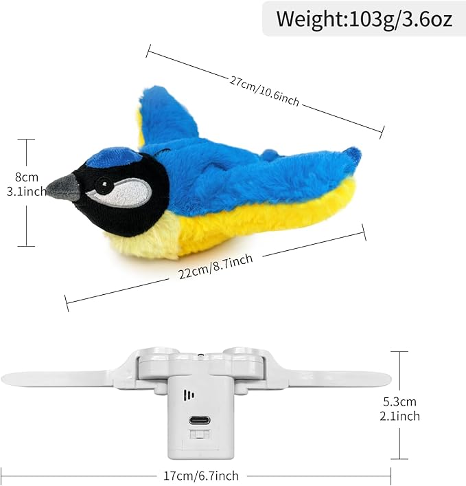 Interactive Flapping Bird Cat Toy with Catnip, Touch Activated Rechargeable, Musical Sound (can Turn Off), Satisfy Cat's Natural Huting Instinct, Soft Plush Washable Cover (Blue)