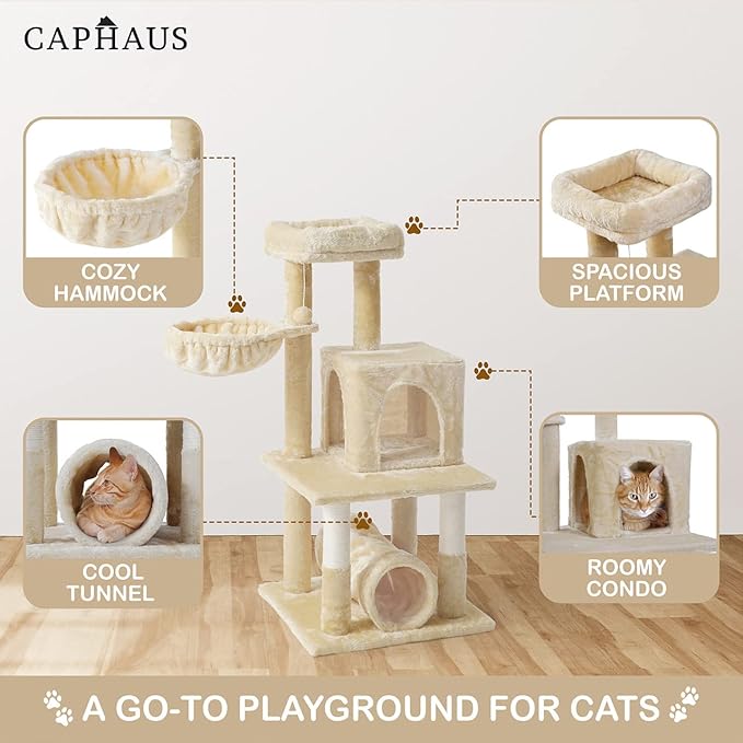 CAPHAUS Cat Tower for Indoor Cats, Modern Cute 40-Inch Small Cat Tree with Widened Perch for Large Cats Kittens, Multi-Level Cat Activity Tree with Scratching Posts, Tunnel, Basket, Cat Cave Condo