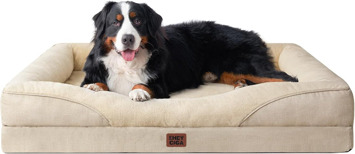EHEYCIGA Memory Foam XXL Dog Bed for XLarge Sized, Extra Large Orthopedic Dog Sofa with Sides and Waterproof Liner, Washable Bolster Pet Couch with Removable Cover, 52x41x8 Inch, Beige
