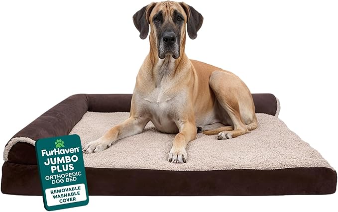 FurHaven Orthopedic Dog Bed for Large Dogs, L-Shaped Chaise Contour Mattress with Solid Orthopedic Foam Slab for Joint Support, Removable Washable Cover, Jumbo Plus XXL, Faux Fur & Suede, Espresso