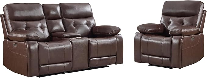 CANMOV Genuine Leather Power Recliner Sofa Set, Power Recliner Chair and Loveseat Set, 2 Pieces Leather Couch with Storage Console, USB Ports, Cup Holders for Living Room,Dark Brown
