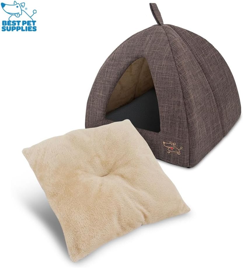 Best Pet Supplies Pet Tent-Soft Bed for Dog and Cat Brown Linen, 16" x 16" x H:14"