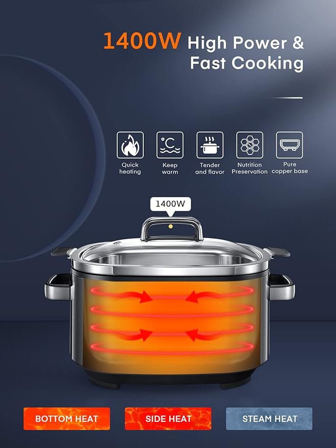 HOUSNAT Slow Cooker, 10 in 1 Programmable Cooker, 304 Stainless Steel Rice