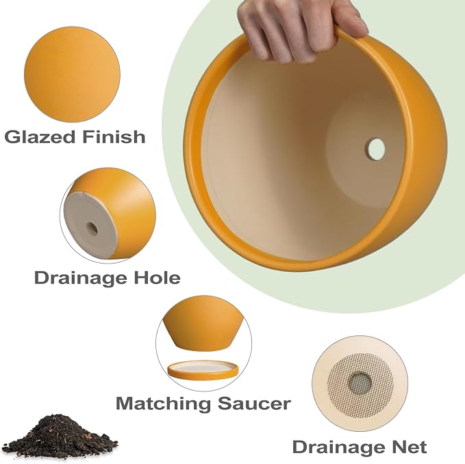 6.8 Inch Plant Pot - Ceramic Planter with Drainage Hole and Saucer, Modern Round Flower Pot, Planters for Indoor Plants, Home Garden Decor, Orange