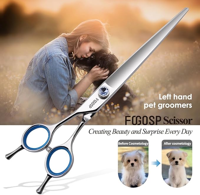 Straight Left Handed Dog Grooming Scissors 8.0'' Long Shears for Grooming Dogs Poodle Large Pet Japanese 440C Stainless Steel Super Sharp(8.0'' Straight)