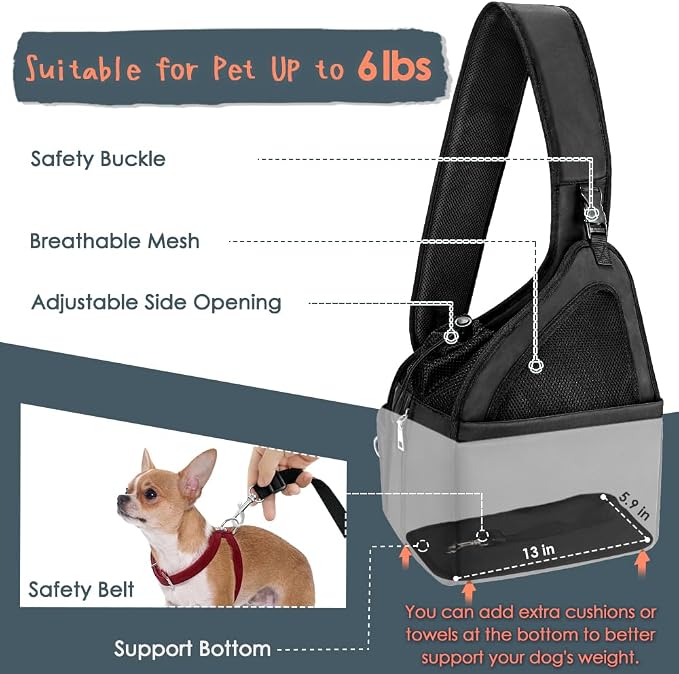 SlowTon Dog Sling Carrier, Hands Free Hard Bottom for Small Dogs up to 6 lb | Breathable Mesh Support, Adjustable Padded Strap, with Pocket Safety Belt, Machine Washable, for Short Legs Small Animal