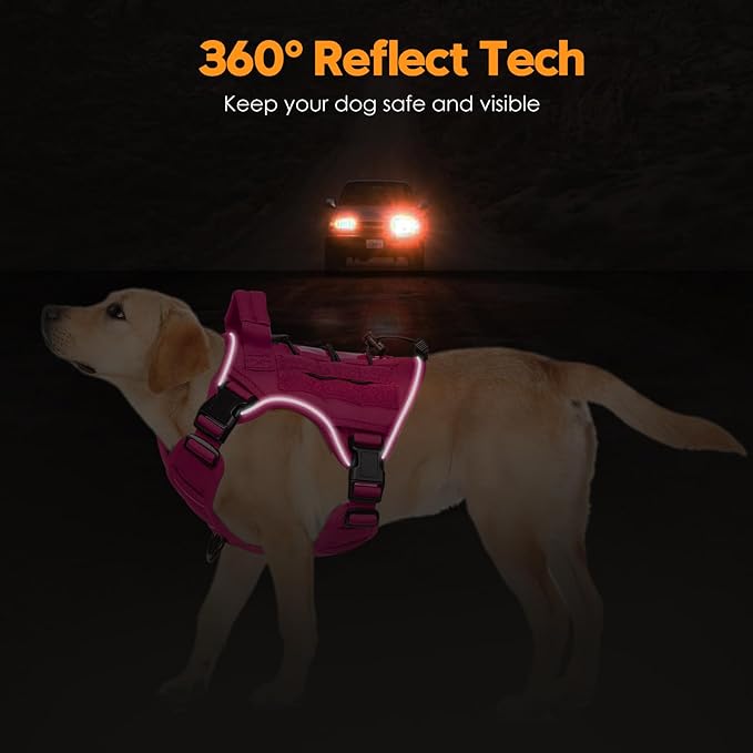 Heavy-Duty Tactical Dog Harness for Large Dogs, No Pull Adjustable Reflective Pet Vest with Molle System, K9 Military-Grade Control for Service Training, Outdoor & 10+ Breeds, Hot Pink, Medium