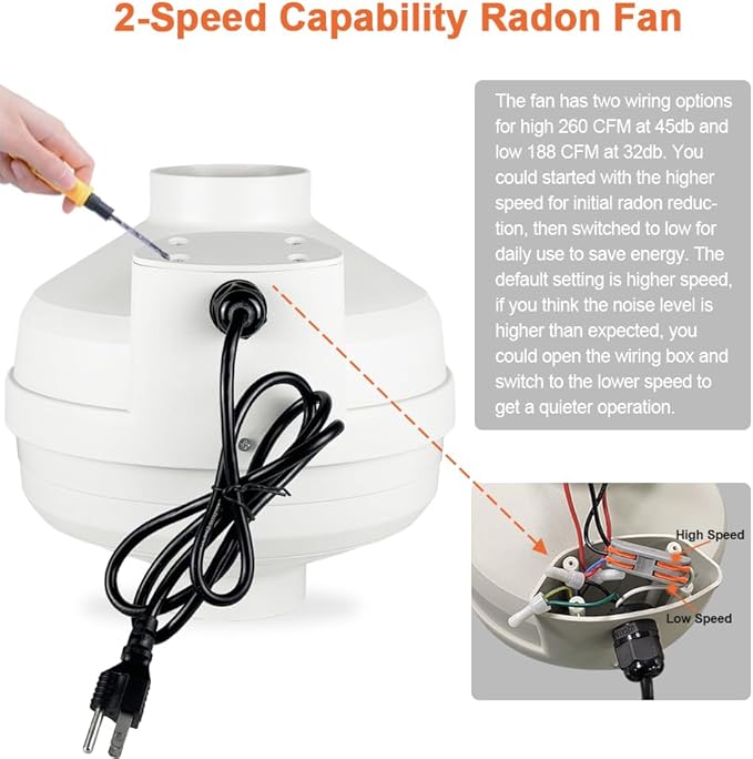 MIDCVFRUN 4 inch Radon Fan, 2 speed 260/188CFM Radon Mitigation System Quickly