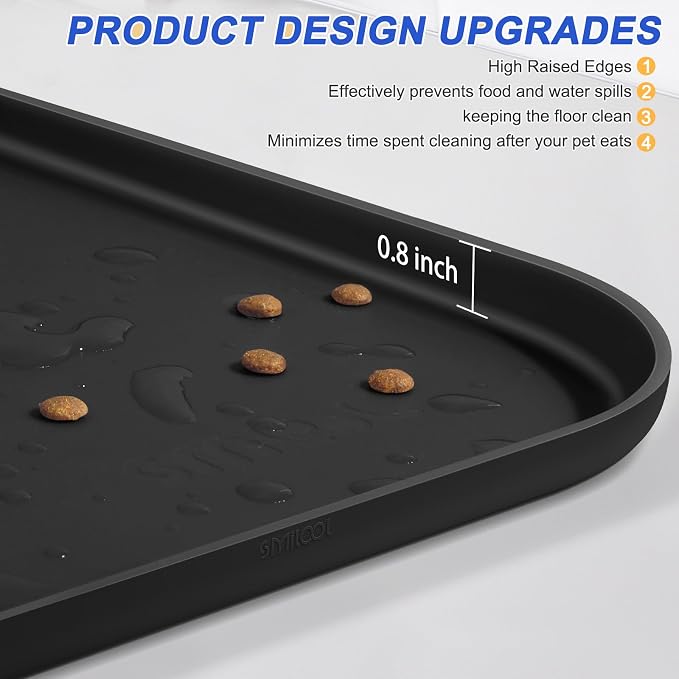 SMILOOL Waterproof Silicone Pet Food Mat with Raised Edge for Dog & Cat | 24" x 16" Non-Slip Pet Feeding Mats with Lip for Food & Water Bowl, Food Grade, Easy Cleaning, Black
