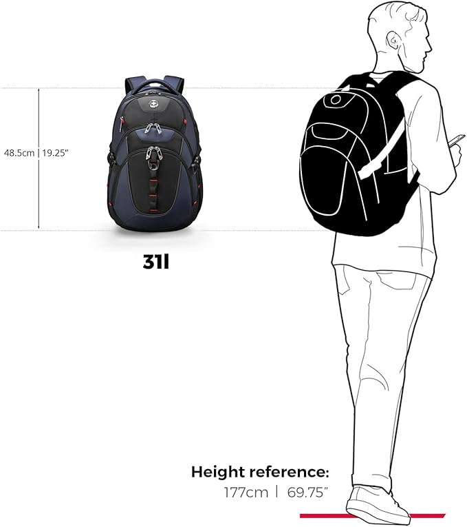 Swissdigital Design Laptop Backpack with USB Charging Port, Travel Backpack Fits 15.6 inches Computer, 31L College School Backpack for Men, Blue/Black | SD803-12