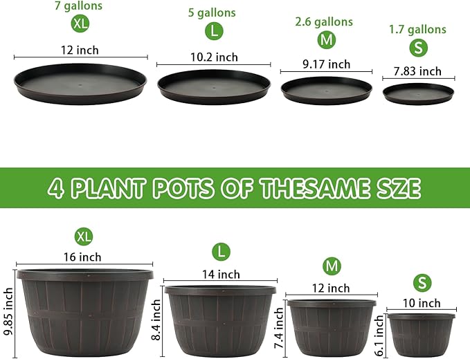 Quarut 14 Inch Plastic-Flower-Pot-for-Indoor-Plants, 4 Pack Large Outdoor Planter Pot with Drainage Holes & Saucers, Resin Decorative Garden Pots Planters（Brown）