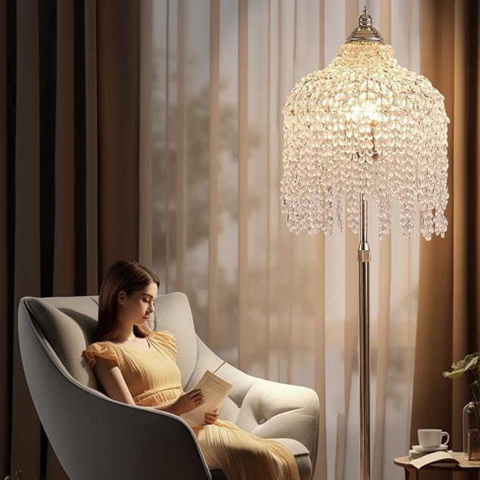 Vintage Style Floor Standing Lamp, Waterfall Design with Grape-Shaped Tall Gold Pole Light, Modern Dimmable Crystals Standing Lamps (Gold + Iron-7)