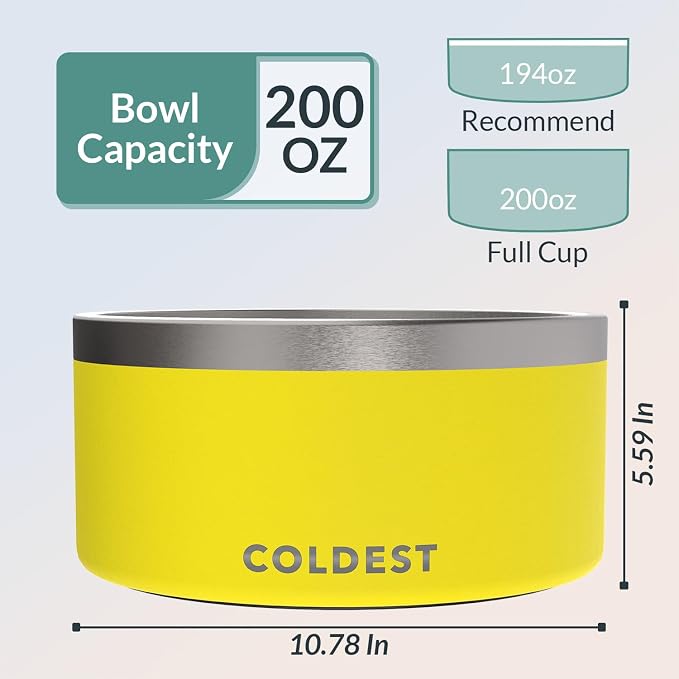 Coldest Dog Bowl - Anti Rust Metal, Non Slip, 3 Layers Insulated Stainless Steel Dog Bowls - Spill Proof & Heavy Duty - Water Bowl for Dogs, Cats & Pets, Dish Washer Safe (200 oz, Solar Yellow)