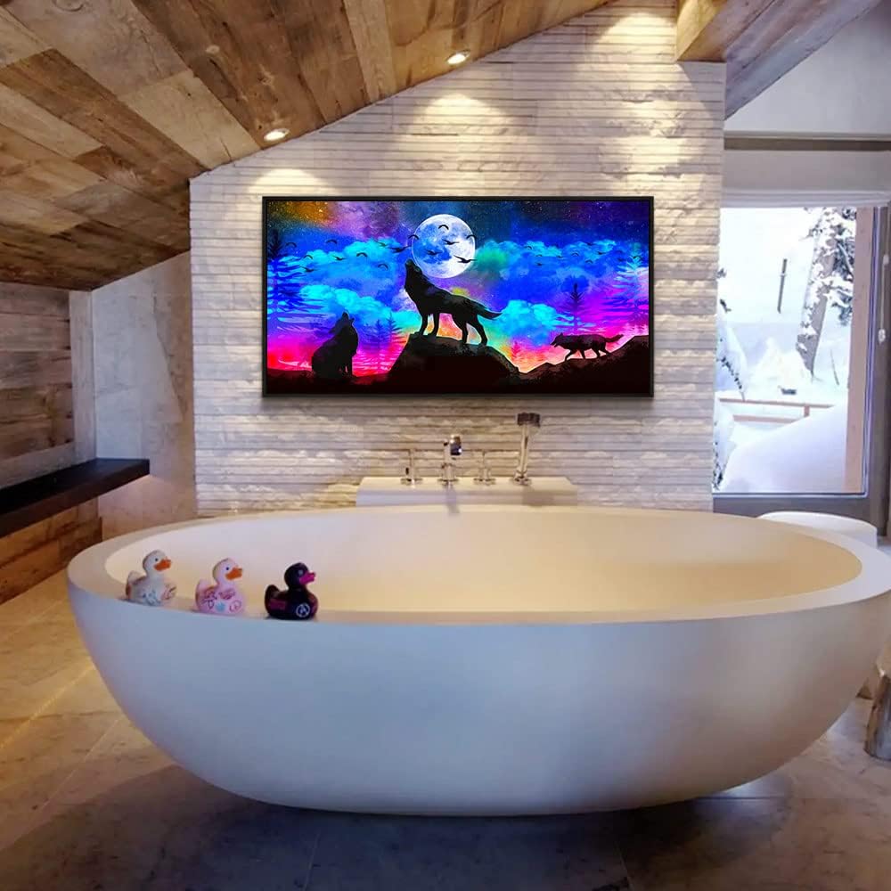 Framed Canvas Wolf Landscape Painting Canvas Wall Art For Living Room Bathroom Wall Decor For Bedroom Kitchen Artwork Canvas Art Prints Modern Office Home Decorations Blue Starry Sky Hang Pictures
