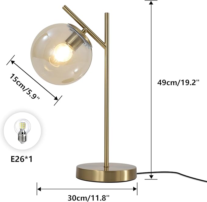 Mid Century Modern Table Lamp, Gold Globe Nightstand Lamp with Cognacs Glass Shade, Metal Brass Desk Lamp for Bedroom Living Room Study Room