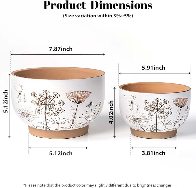 YBX 8 Inch + 6 Inch Ceramic Plant Pots, Succulent Flower Pots with Drainage Holes, Terracotta Planters for Indoor Plants, White&Terracotta (Garden)