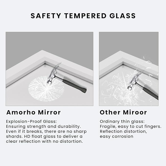 Amorho Bathroom Mirror, 48X32 Inch White Thick Metal Framed Wall Mirrors