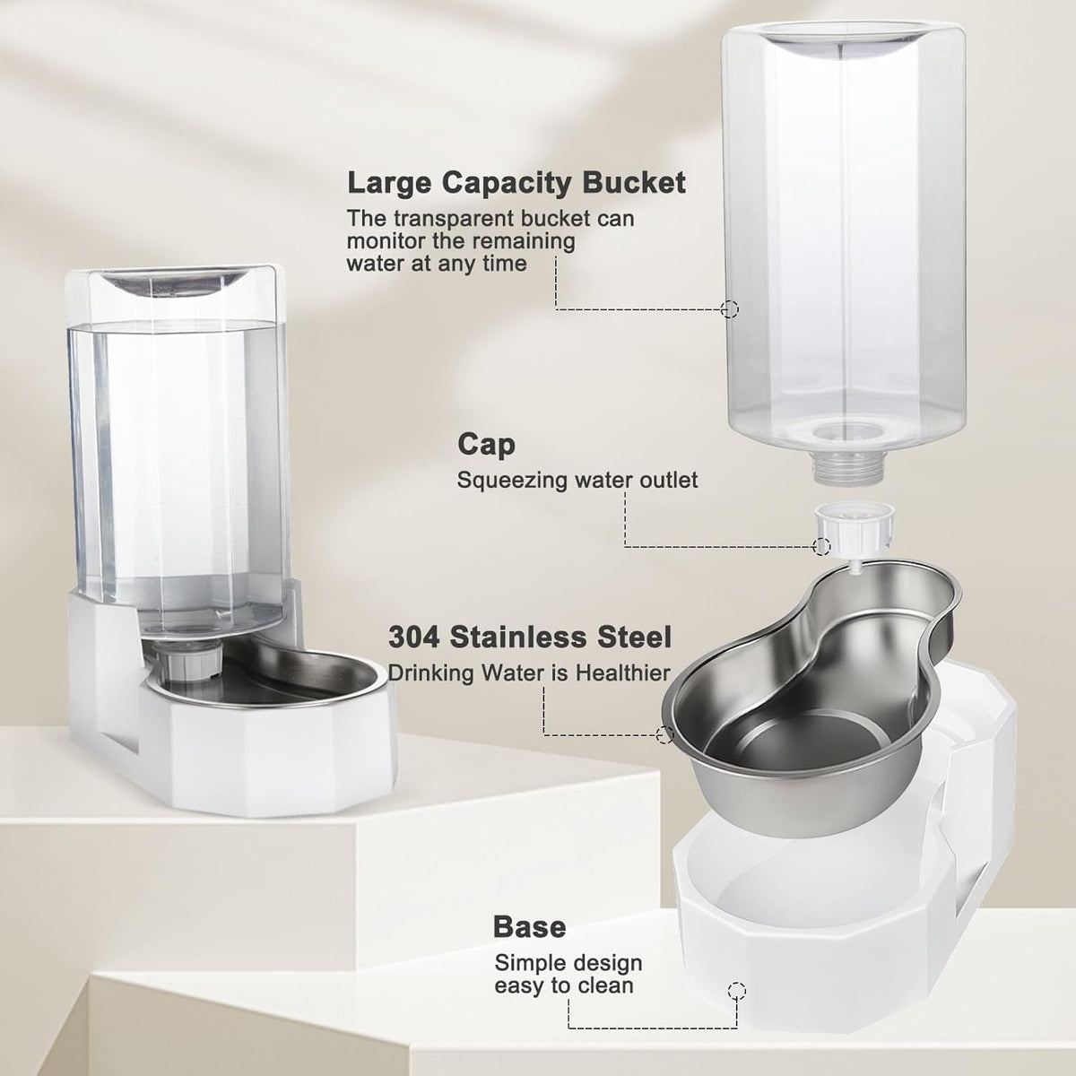 Sfozstra Large Dog Water Dispenser: 8L Automatic White Water Feeder with Stainless Steel Bowl - Without Filter - Gravity Design for Multiple Pets Indoor/Outdoor