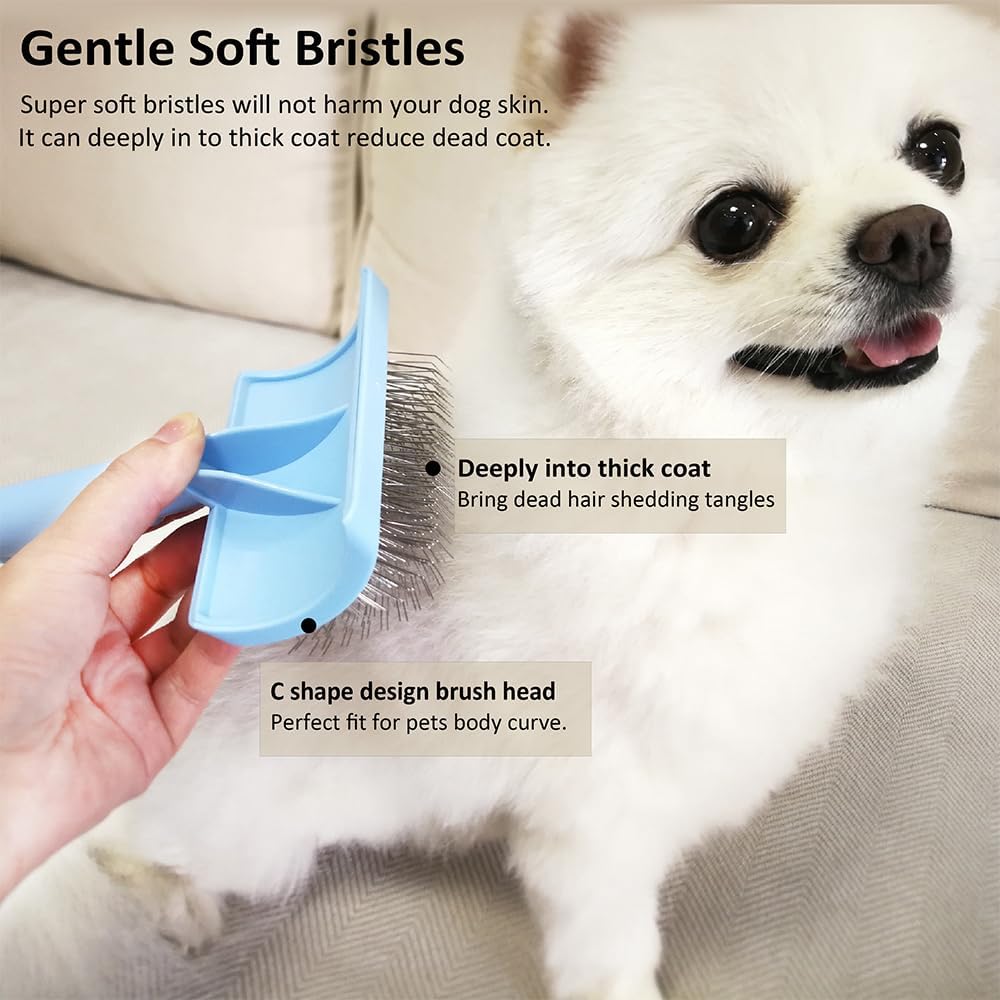 Slicker Brush for Poodles and Goldendoodles - Curved Brush for Thick, Fluffy, Shedding Fur on Dogs and Cats - Soft, Gentle Pins for Grooming (Blue)