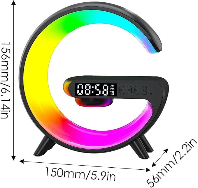 Smart LED Table Lamp, 4-in-1 Wireless Charger Smart Atmosphere Lamp, Night Light, Bluetooth Speaker & Alarm Clock for Bedroom, Office, and Home Decor (Black)