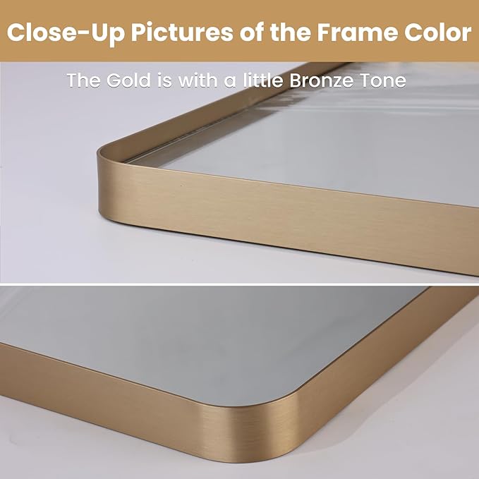 LOAAO 40”X30” Gold Bathroom Mirror, Rounded Rectangle Gold Frame Mirror